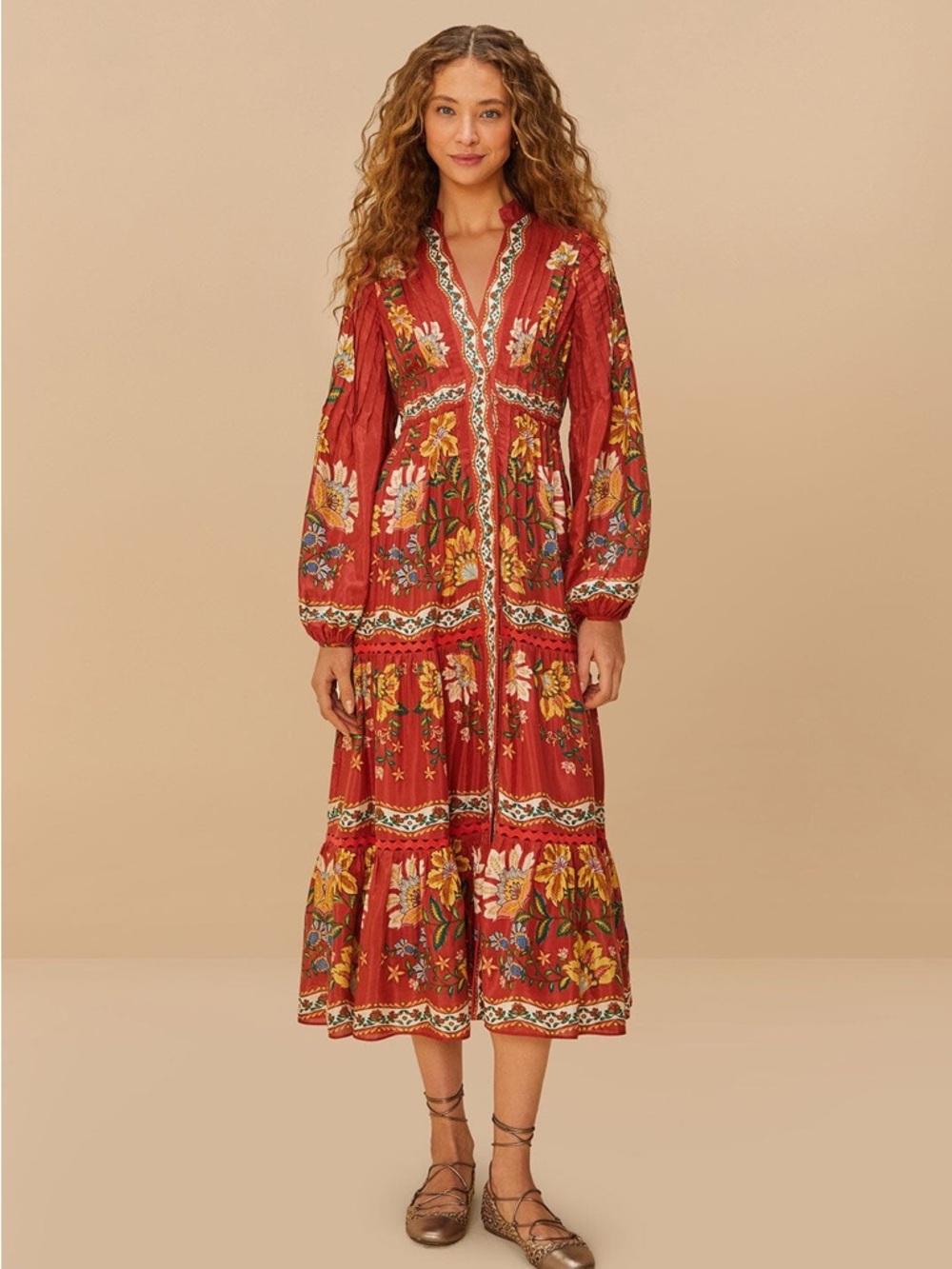 FARM Rio Red Garden Delight Long Sleeve Midi Dress Size Small NWT $350 retail